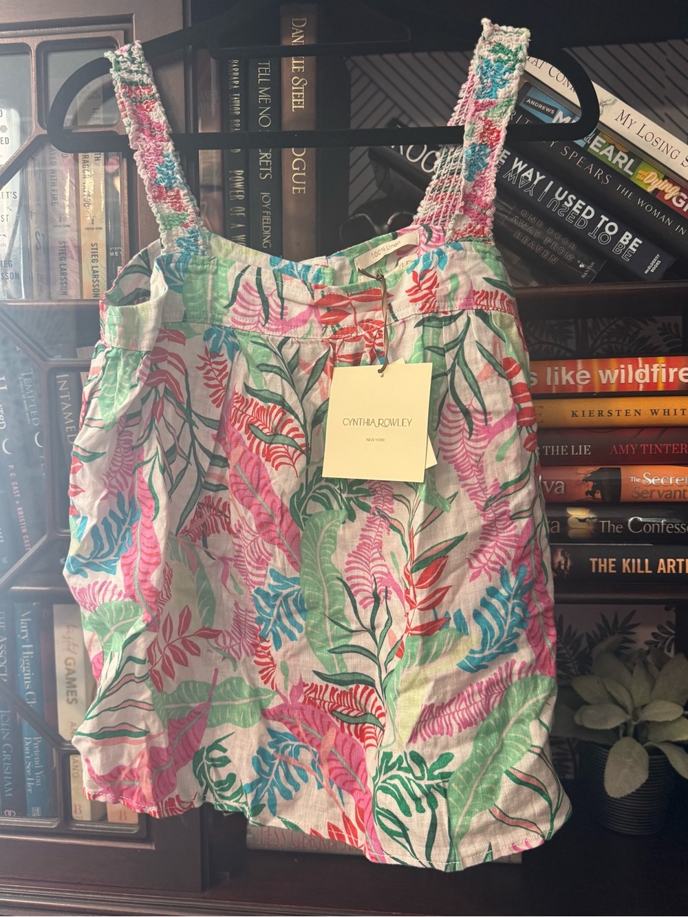 Cynthia Rowley 100% Linen Tropical Leaf Tank Top - Pink, Green, Blue